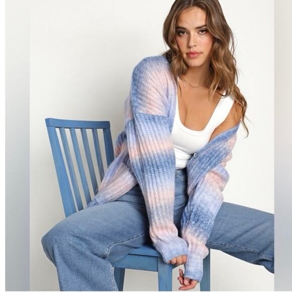 For Love and Lemons Celeste Cardigan Sweater Tie Dye Size Large Pink Blue - Picture 1 of 10